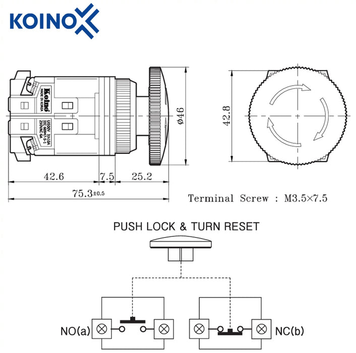 KOINO Push / Twist Emergency Stop Button Switch 250VAC 6A KH-3046ER