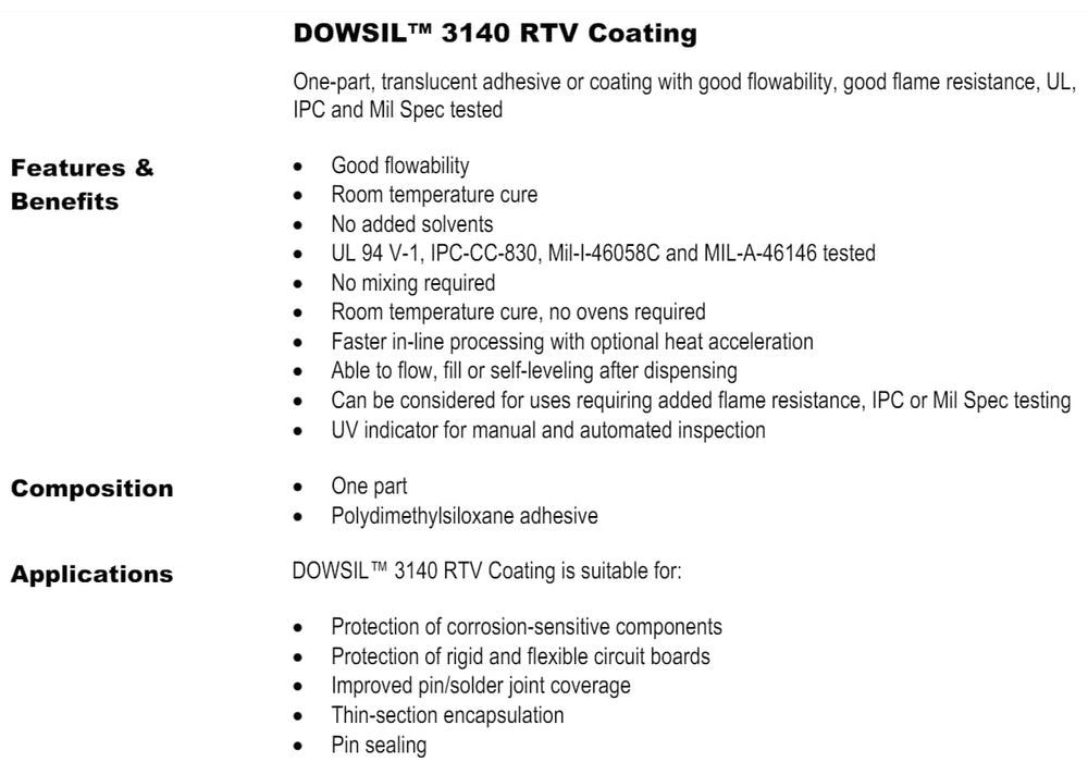 x14 Bulk Pack - Dow DOWSIL (FORMERLY DOW CORNING) 3140 RTV Coating Adhesive Sealant 300ml